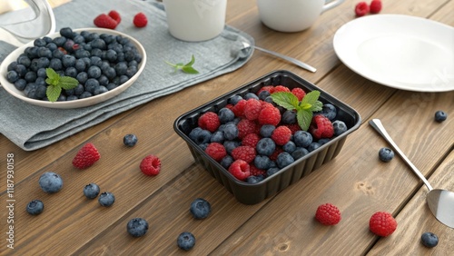 A flat wooden table with a container of fresh blueberries and raspberries, fruit, fresh, blueberries