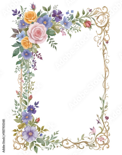 Vibrant Watercolor Floral Frame – Stunning Hand-Painted Flowers in Bright, Colorful Tones Forming an Elegant Border, Ideal for Invitations, Greeting Cards, Posters, Wedding Designs