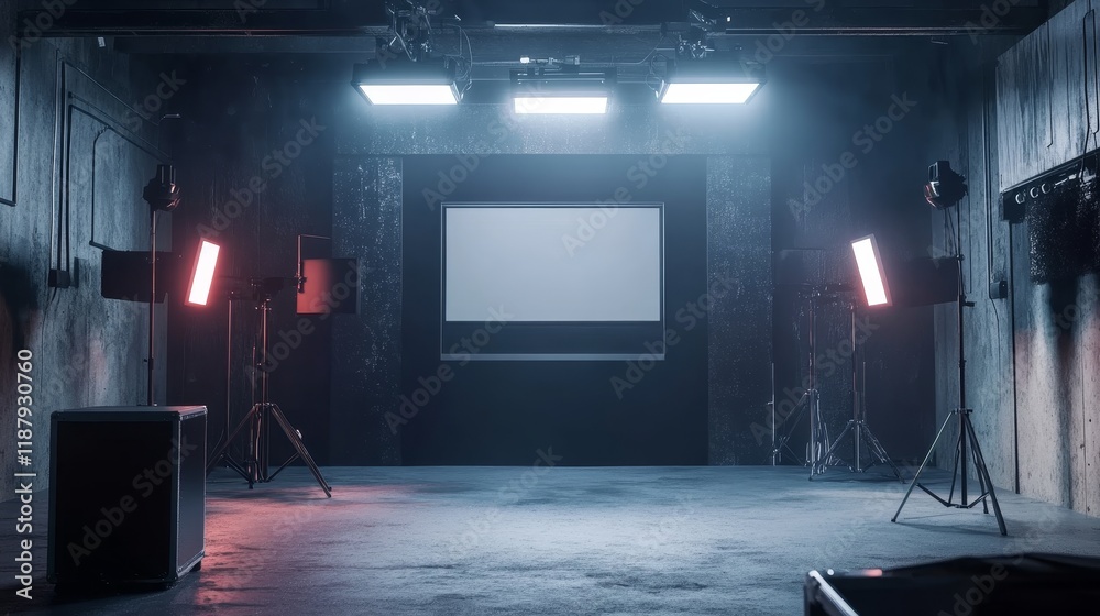 Obraz premium Industrial film studio with lighting equipment and blank screen in dimly lit environment