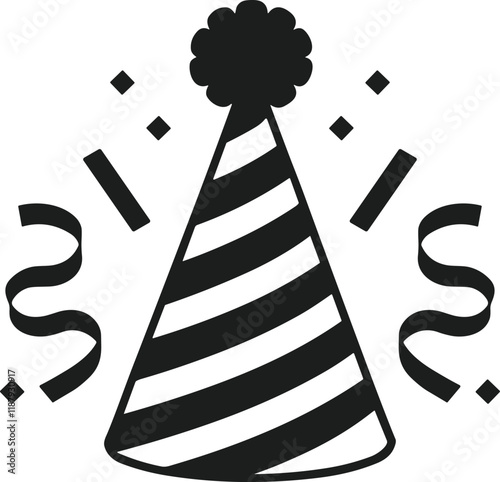 Striped Party Hat Vector Silhouette with Streamers and Festive Elements