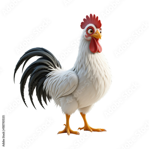 A digitally rendered cartoon rooster with white and grey plumage stands ,isolated on transparent background. photo