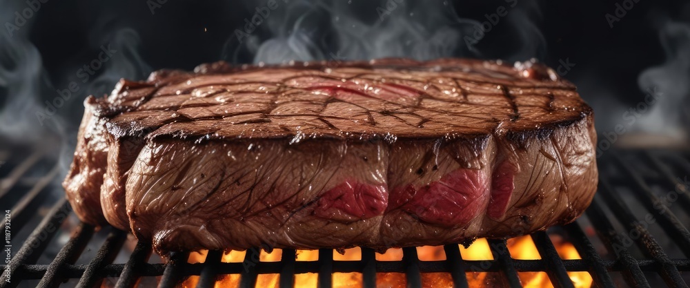 Obraz premium A juicy steak on the grill with gentle smoke signals, grilled meat, tender flesh