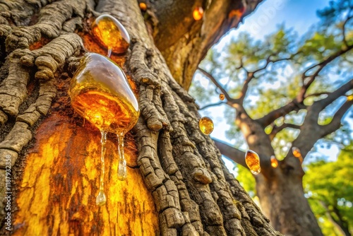 A large, ancient tree with amber-like sap flowing from its trunk, fossilized wood, tree sap, viscosity, oil spill, warm glow