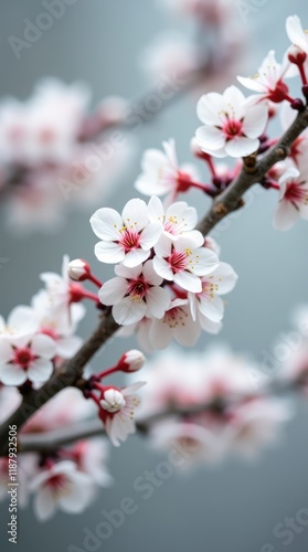 Pink and white cherry blossoms bloom on branches of spring trees, a beautiful sakura display of nature's floral beauty photo