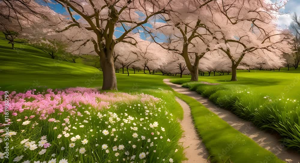 Cherry blossom trees in full bloom creating a serene park scene with soft pink petals. Spring beauty concept Cherry blossom trees in full bloom creating a serene park scene with soft pink petals. Spring beauty concept
