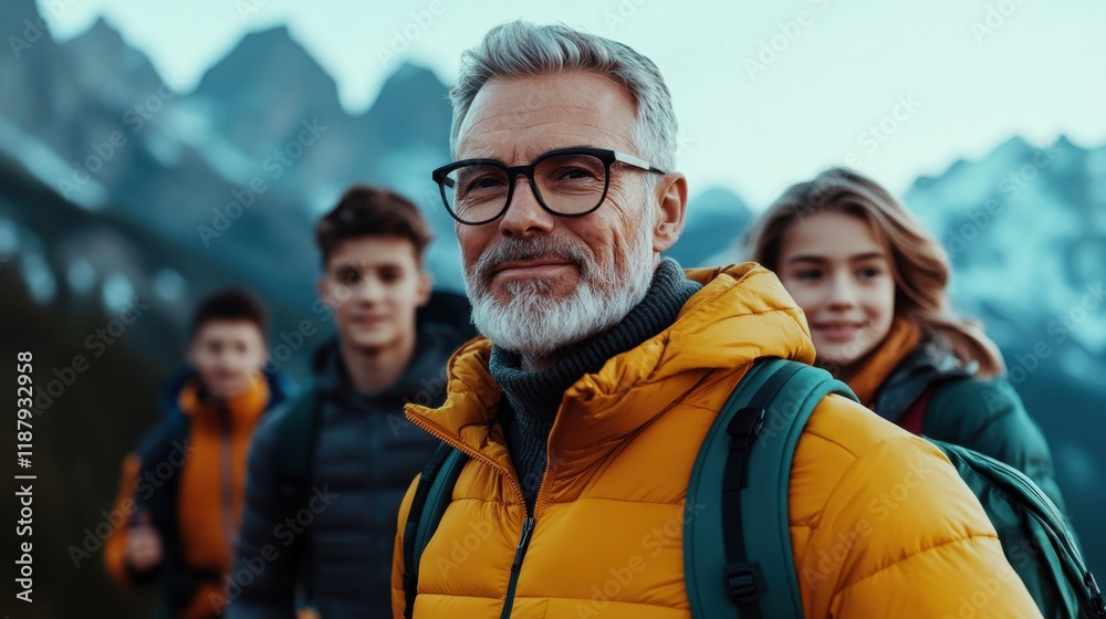 Senior man leading family hike in scenic mountain landscape with teenagers