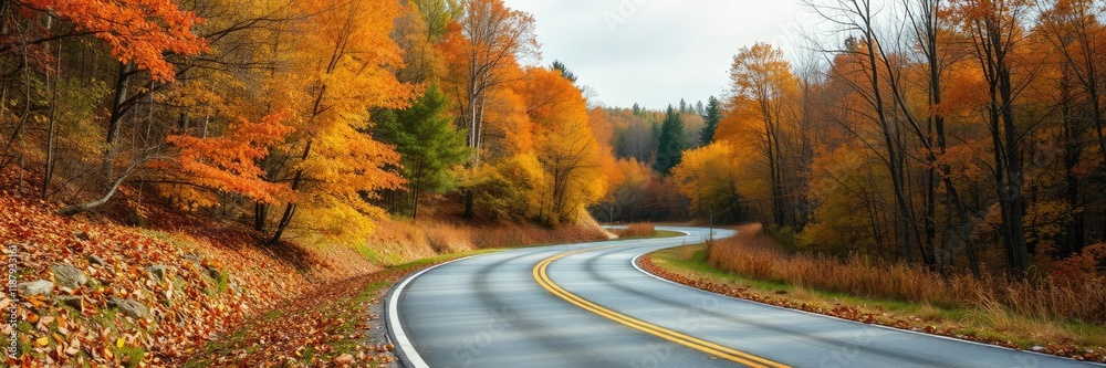 Obraz premium A beautiful fall day with a winding road that passes through a dense forest of colorful trees and fallen leaves, harvest season, leaf fall