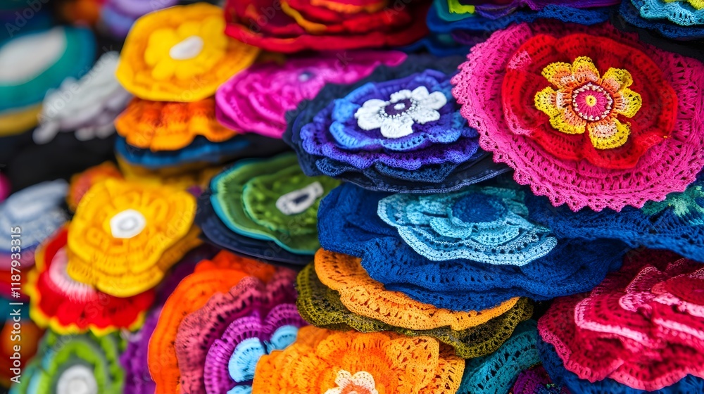 A vibrant assortment of crocheted flowers in various colors, showcasing craftsmanship and creativity. A vibrant assortment of crocheted flowers in various colors, showcasing craftsmanship and creativity.