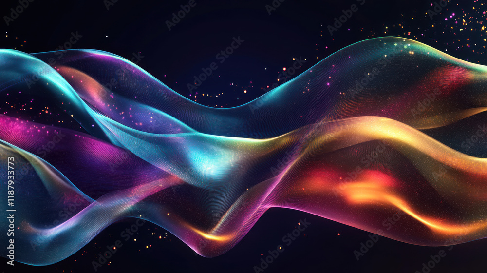 Prompt: A radiant holographic wave with iridescent fluid motion forms a luminous ribbon of spectral colors, flowing dynamically in an abstract, high-resolution style. Prompt: A radiant holographic wave with iridescent fluid motion forms a luminous ribbon of spectral colors, flowing dynamically in an abstract, high-resolution style.
