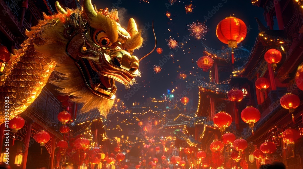 Fototapeta premium A vibrant Lunar New Year parade celebrating the Year of the Dragon, featuring a colossal golden dragon puppet twisting through a busy street filled with glowing red lanterns.
