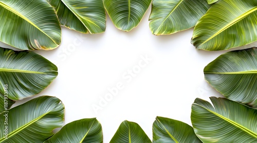 Lush Green Tropical Leaves Frame White Background photo