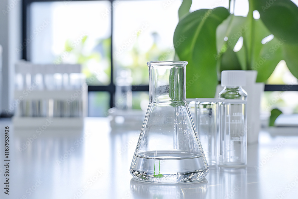 Lab glassware, plant background, research Lab glassware, plant background, research