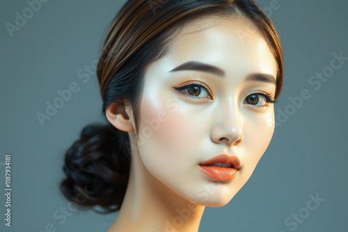 Elegant close-up portrait of Asian woman with glowing skin, sleek hairstyle, and radiant makeup, studio shot showcasing beauty, sophistication, and modern charm.