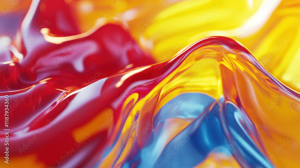 Fototapeta premium Prompt: A richly colored glossy liquid surface in vivid red, yellow, and blue, captured in soft focus. The flowing 3D texture creates an exuberant, abstract aesthetic.