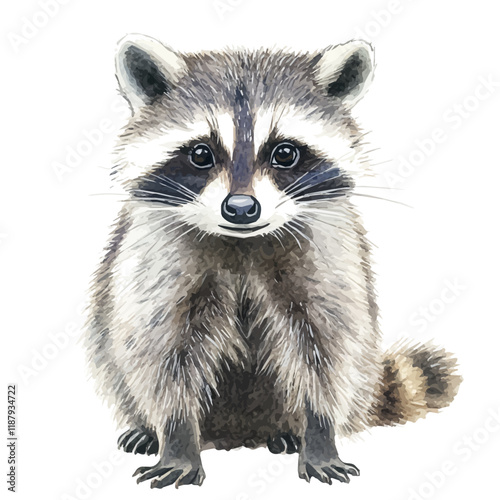 A watercolor vector painting of a Raccoon, isolated on a white background. Raccoon vector.

