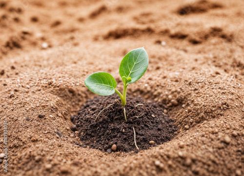 A close-up of a fresh green seedling sprouting from fertile soil, symbolizing growth, sustainability, and the beginning of new life in agriculture and nature. photo