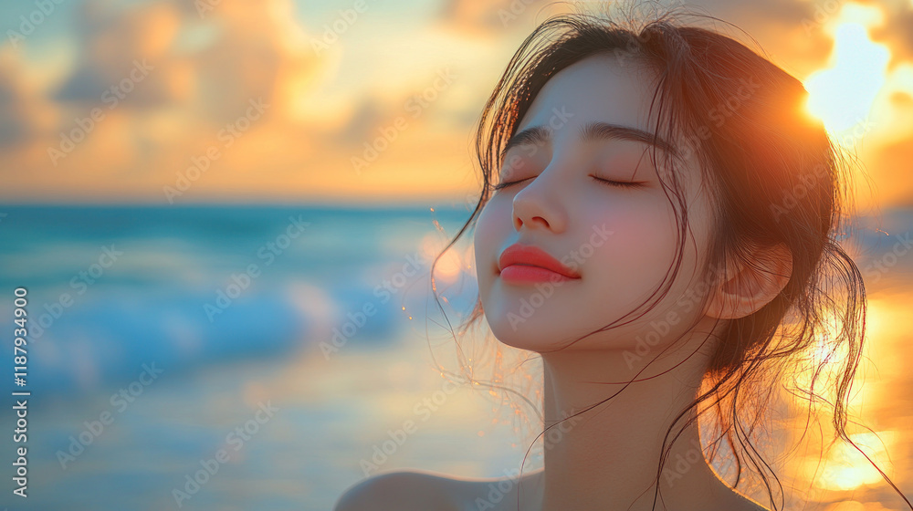 Chinese woman breathing and relax on Idyllic beach at Playa del Carmen Chinese woman breathing and relax on Idyllic beach at Playa del Carmen