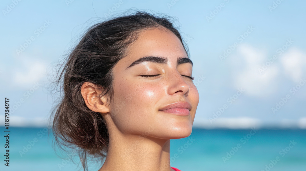 Canadian woman breathing and relax on Idyllic beach at Playa del Carmen Canadian woman breathing and relax on Idyllic beach at Playa del Carmen