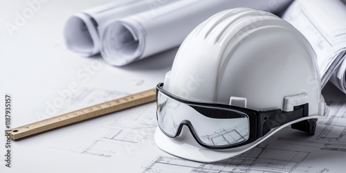 Close-up of white construction helmet with reflective safety glasses on blueprint background photo