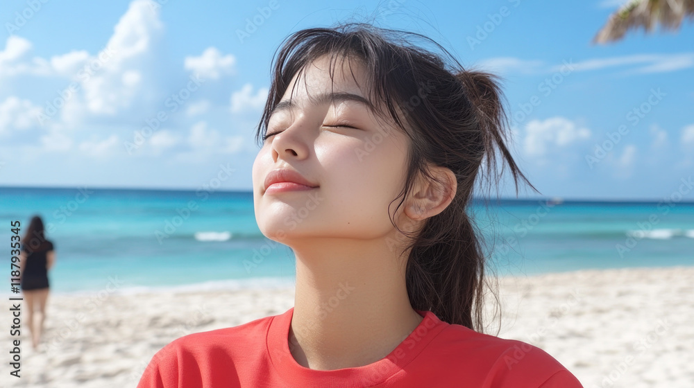 Malay woman breathing and relax on Idyllic beach at Playa del Carmen Malay woman breathing and relax on Idyllic beach at Playa del Carmen