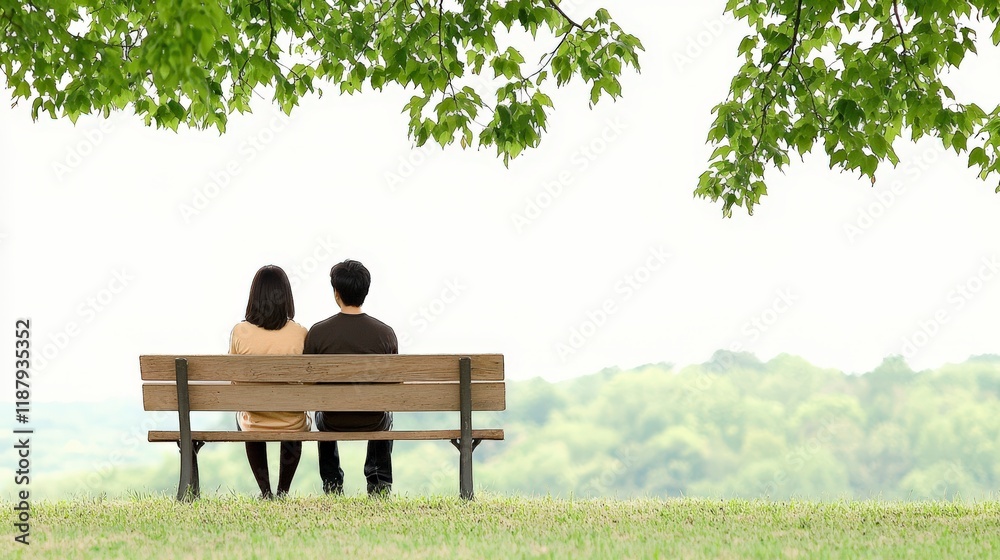 Couple Sitting on Bench Under Tree Enjoying Peaceful Outdoor View Together in Nature on Summertime Day Couple Sitting on Bench Under Tree Enjoying Peaceful Outdoor View Together in Nature on Summertime Day