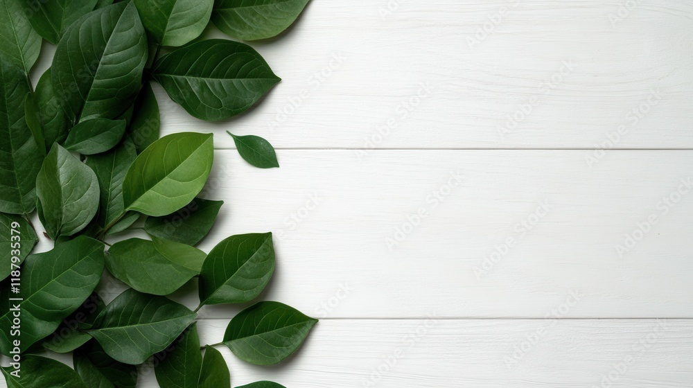 Minimalist flat lay of green leaves on white wooden background Minimalist flat lay of green leaves on white wooden background
