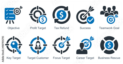 A set of 10 business icons as objective, profit target, tax refund