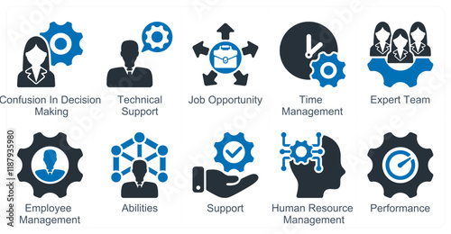 A set of 10 business icons as confusion in decision making, technical support, job oppurtunity