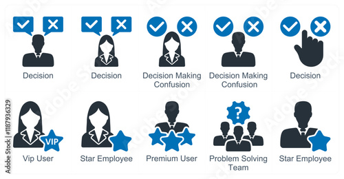 A set of 10 business icons as decision, decision making confusion, vip user