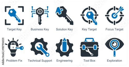 A set of 10 business icons as target key, business key, solution key