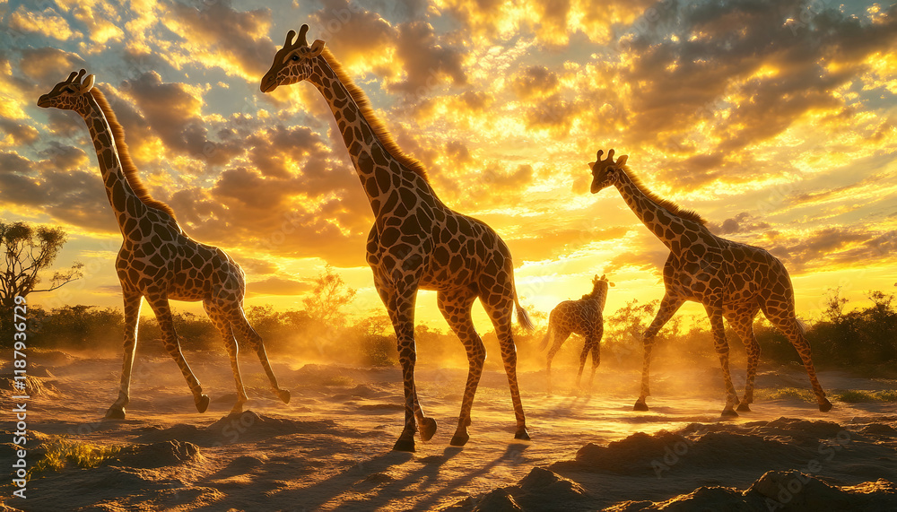 Obraz premium 3D Illustration Majestic Giraffes at Golden Sunset