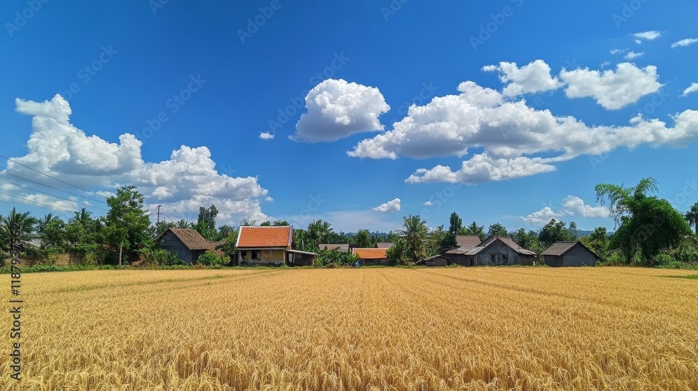 Golden wheat field under blue sky with white clouds in rural countryside Golden wheat field under blue sky with white clouds in rural countryside