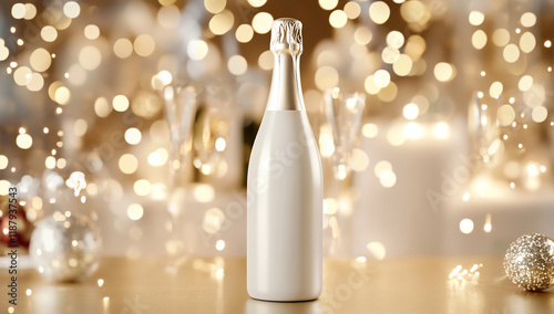 Elegant Champagne Bottle with Festive Bokeh Background photo