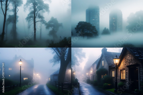 Beautiful photo collage of foggy street in the old town. Generative AI