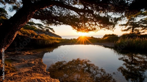 Serene Sunset  Tranquil Pond  Coastal Trees  Golden Hour Reflections
