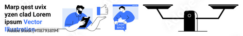 Person using a tablet, thumbs up icon, customer feedback, and balance scale. Ideal for business analytics, customer satisfaction, technology integration, product reviews, balance, decision making