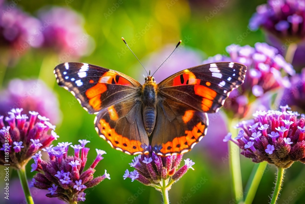 Red Admiral Butterfly on Argentinian Vervain - Sunny Summer Garden Red Admiral Butterfly on Argentinian Vervain - Sunny Summer Garden