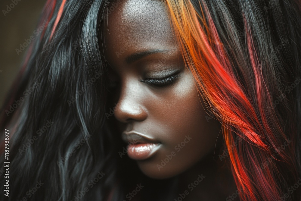 Fototapeta premium Long coiffure - multicolored hair. Commercial promotion concept design idea idea. Pretty calm black girl - for ads, brochure and online promotion banner use. Afro-american glamour concepts.