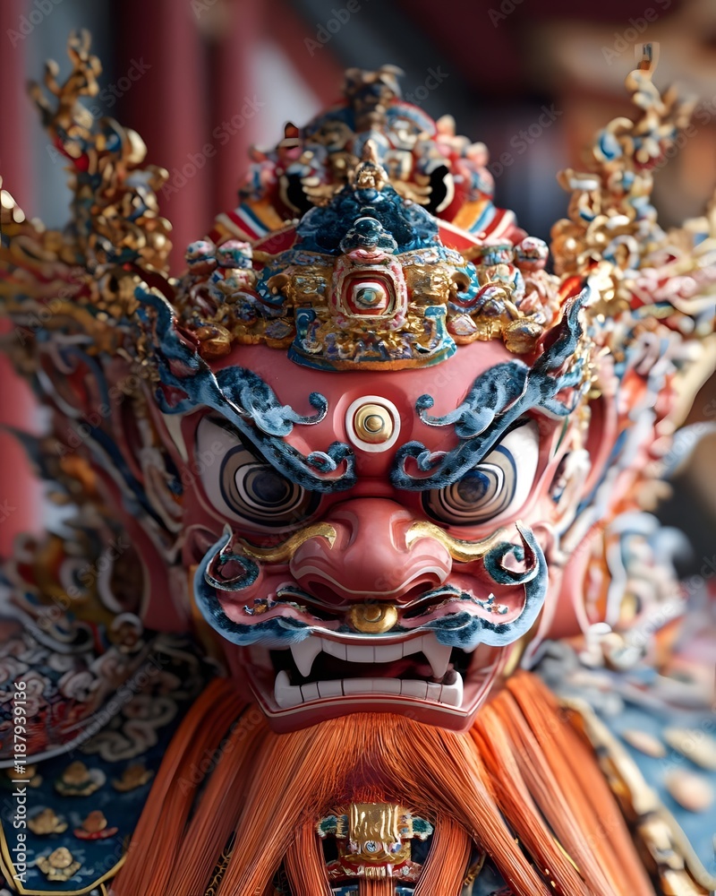 Fototapeta premium A detailed close-up of a vibrant, fierce-looking traditional mask.