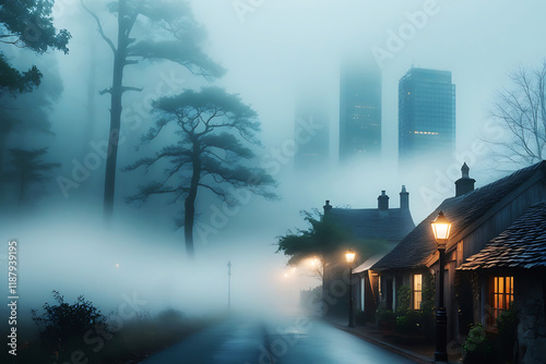 Foggy morning in the city. The road in the fog. Created with Generative AI