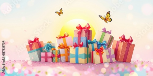 A delightful array of colorful gift boxes adorned with vibrant ribbons, nestled amidst a scattering of confetti and delicate butterflies, bathed in a warm, ethereal glow.