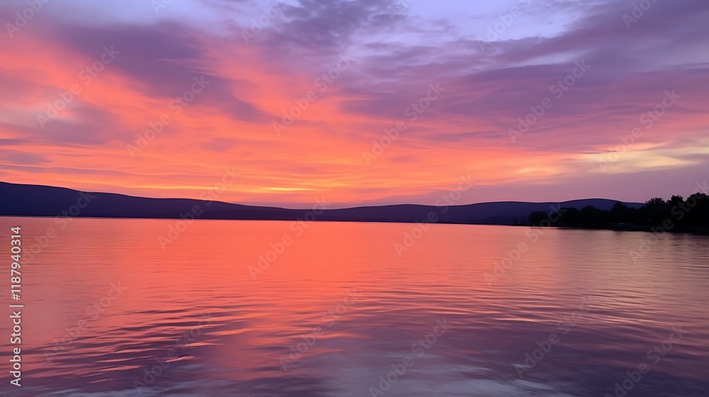 Fototapeta premium Serene Sunset Over Calm Lake And Mountains