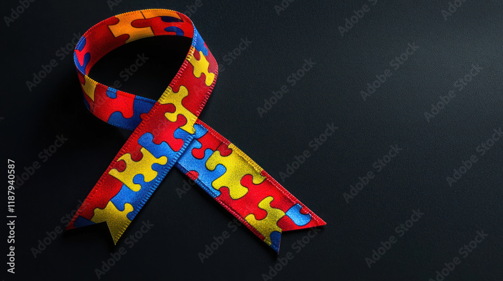 Prompt: A vivid autism puzzle ribbon lying on a smooth black background, creating contrast and focusing attention. The image includes room for Autism Awareness messages