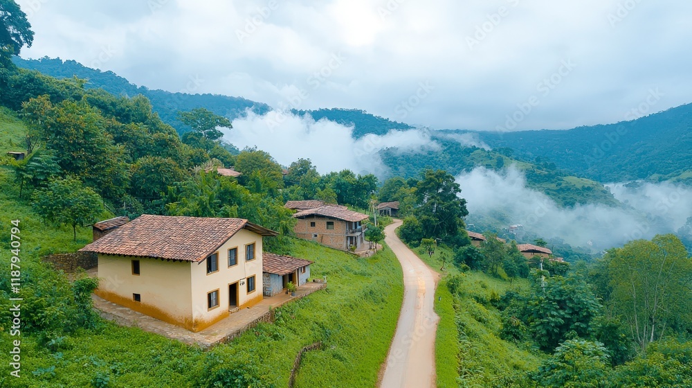 Serene Rural Landscape with Misty Mountains and Charming Houses in Lush Green Environment Serene Rural Landscape with Misty Mountains and Charming Houses in Lush Green Environment