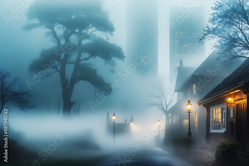 Morning fog in the city. Trees, street lanterns and buildings. Generative AI