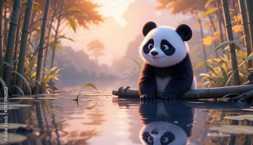 Cute panda cub sitting on a log in a tranquil bamboo forest by a river at sunset. photo