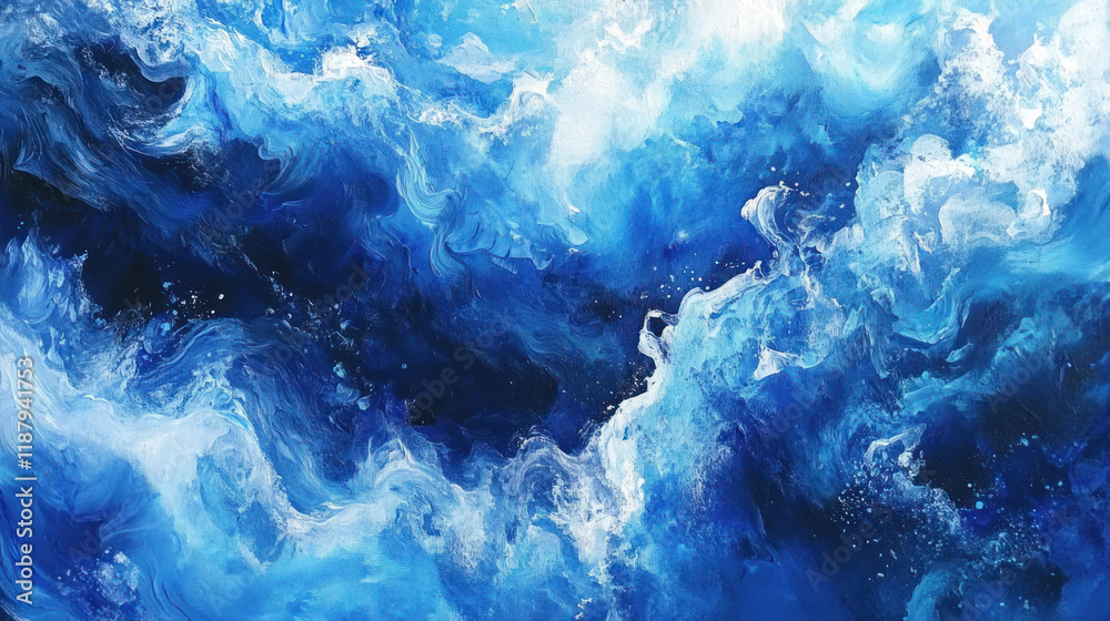 Prompt: Aerial top view of ocean waves crashing in vibrant shades of blue, with sparkling white foam creating mesmerizing textures in the deep sea.