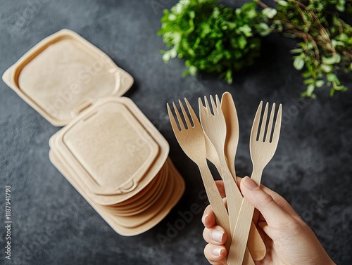 Hand holding sustainable wooden cutlery near eco-friendly food containers on dark surface with herbs