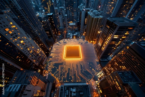 Chip glowing in the center of an aerial view of a cityscape at night, surrounded by other chips and circuitry