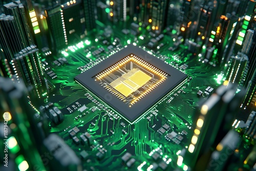 Chip glowing in the center of an aerial view of a cityscape at night, surrounded by other chips and circuitry